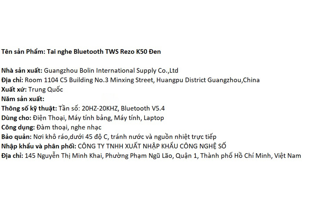Tai nghe Bluetooth True Wireless Rezo K50 Màu Đen