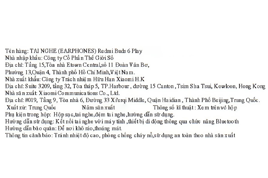 Tai nghe Bluetooth True Wireless Xiaomi Redmi Buds 6 Play Màu Đen