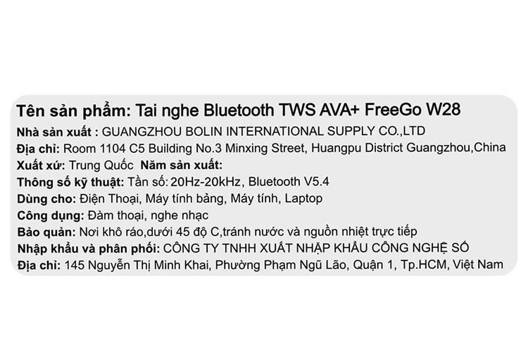 Tai nghe Bluetooth True Wireless AVA+ FreeGo W28 Màu Trắng