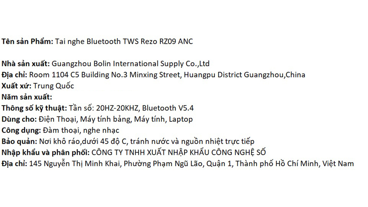 Tai nghe Bluetooth True Wireless Rezo RZ09 ANC Màu Trắng