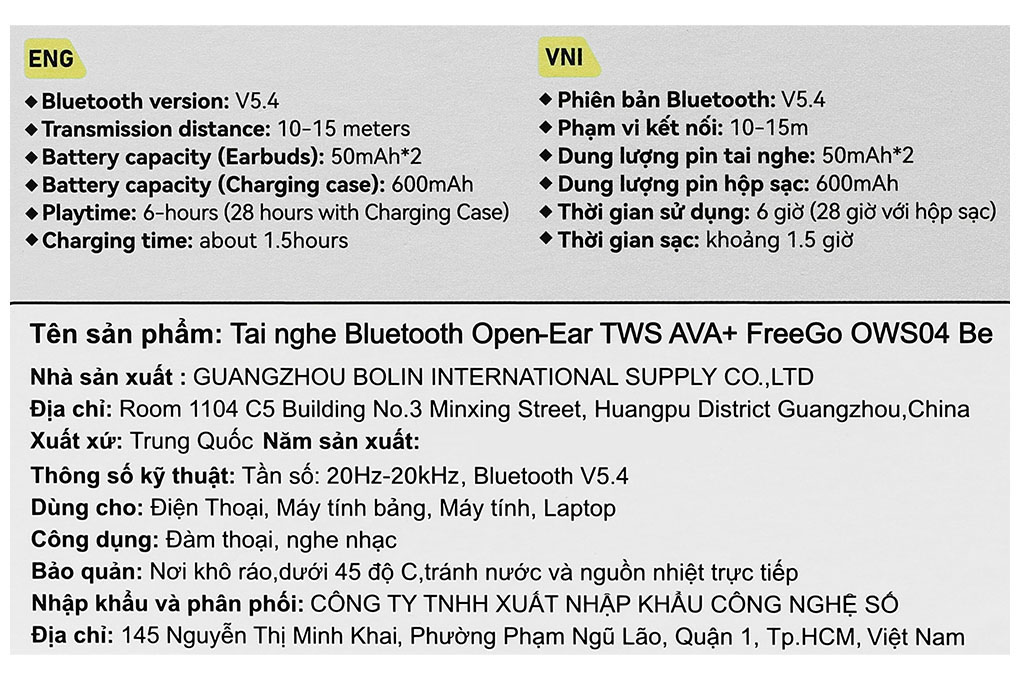 Tai nghe Bluetooth Open-Ear True Wireless AVA+ FreeGo OWS04 Màu Màu be