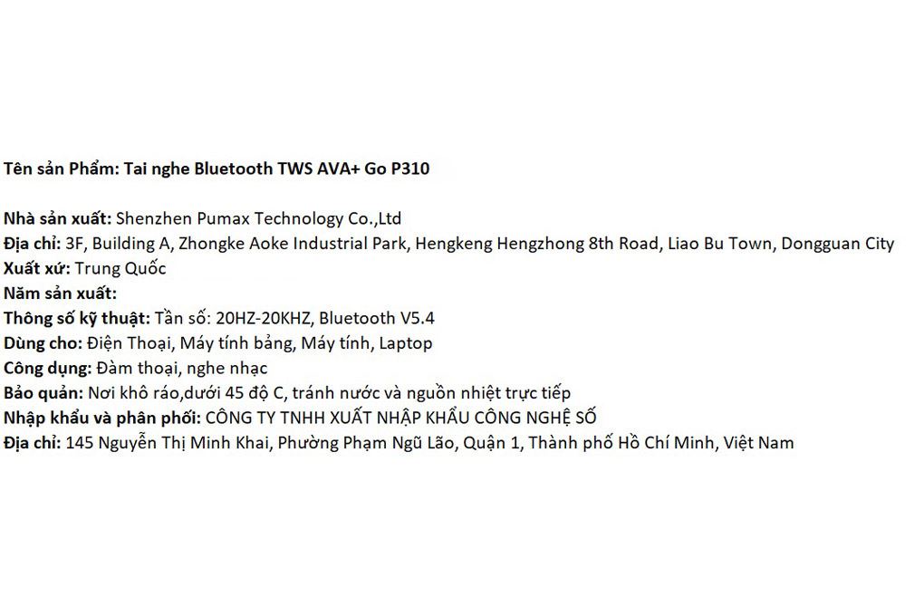 Tai nghe Bluetooth True Wireless AVA+ Go P310 Màu Đen