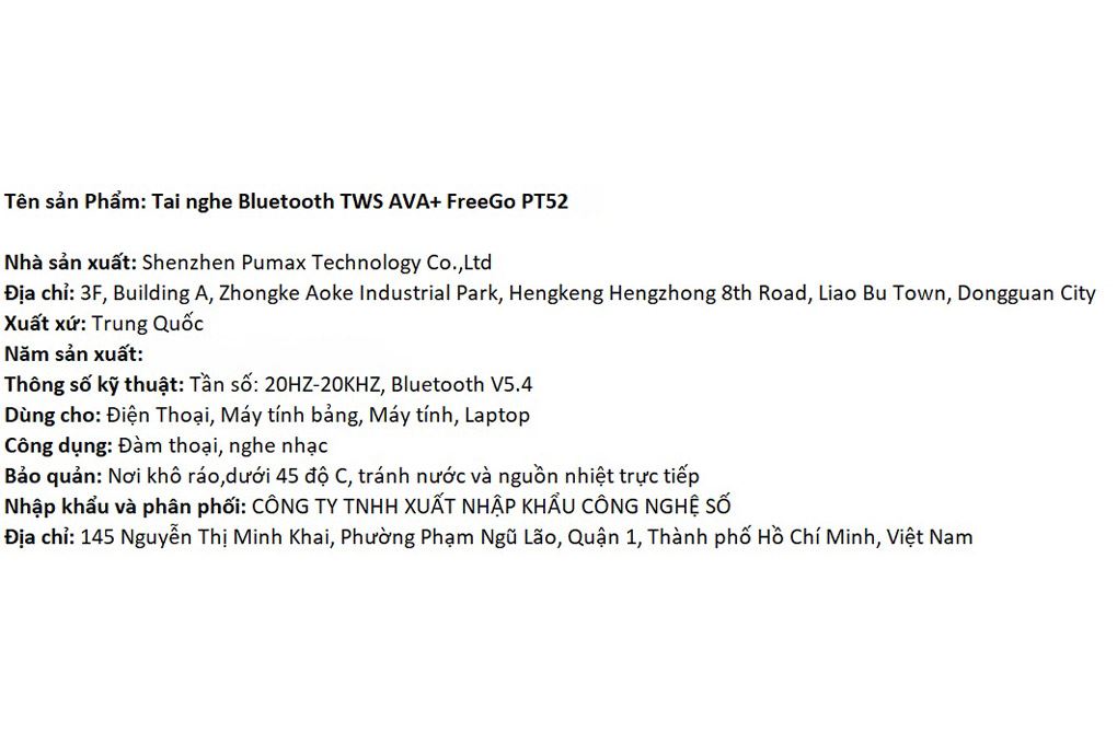 Tai nghe Bluetooth True Wireless AVA+ FreeGo PT52 Màu Trắng