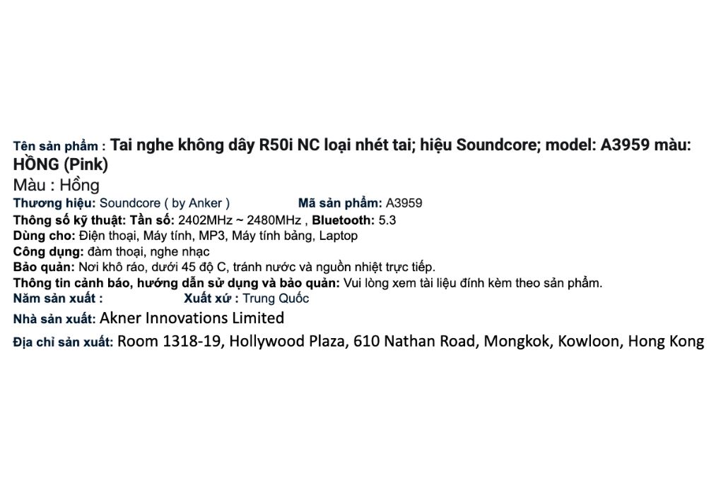 Tai nghe Bluetooth True Wireless soundcore R50i NC A3959 Màu Hồng