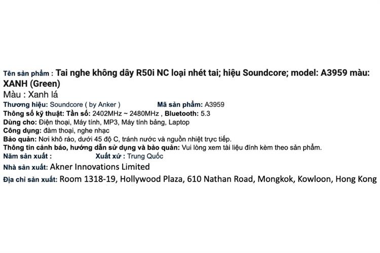 Tai nghe Bluetooth True Wireless soundcore R50i NC A3959 Màu Xanh lá