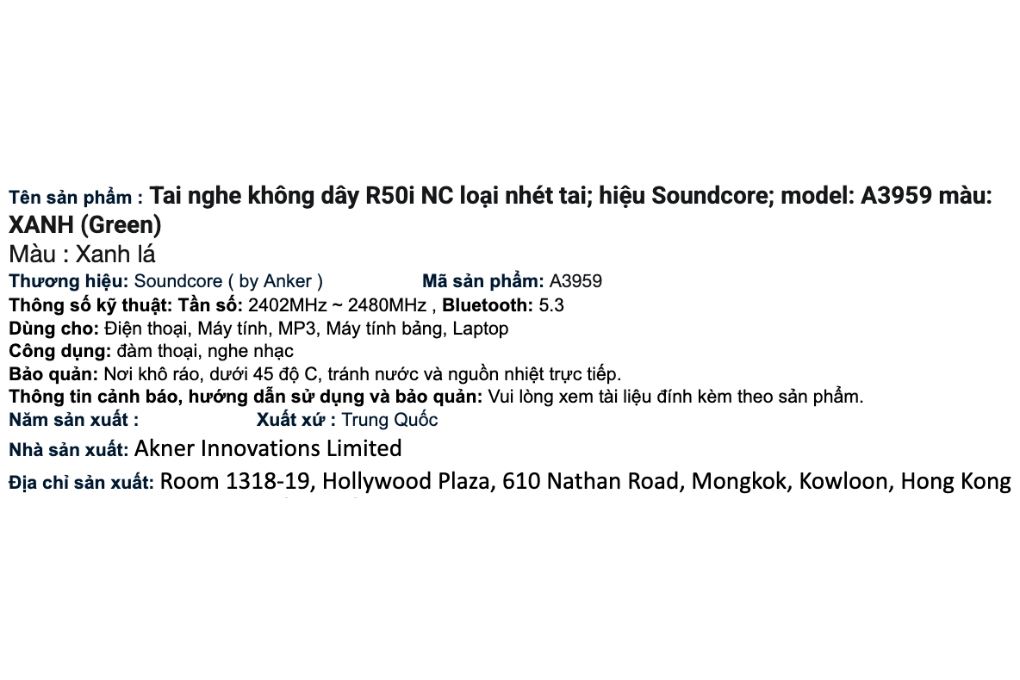 Tai nghe Bluetooth True Wireless soundcore R50i NC A3959 Màu Xanh lá