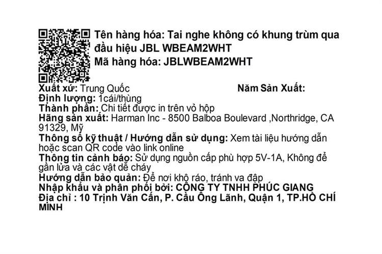 Tai nghe Bluetooth True Wireless JBL Wave Beam 2 Màu Trắng