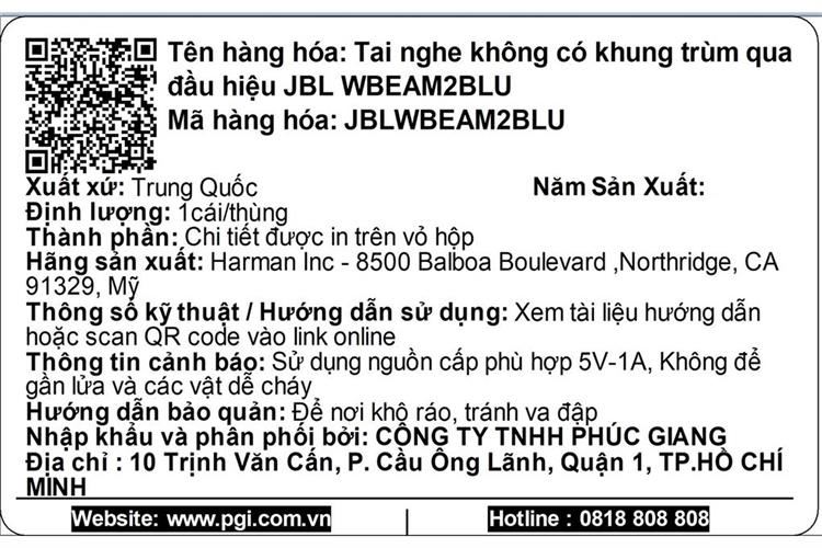 Tai nghe Bluetooth True Wireless JBL Wave Beam 2 Màu Xanh Dương