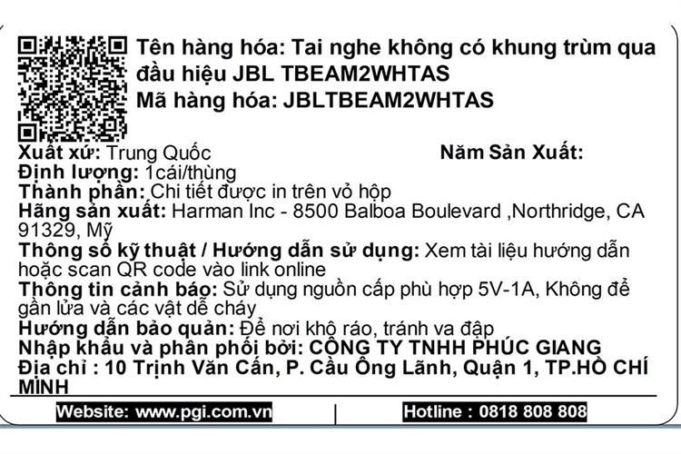 Tai nghe Bluetooth True Wireless JBL Tune Beam 2 Màu Trắng