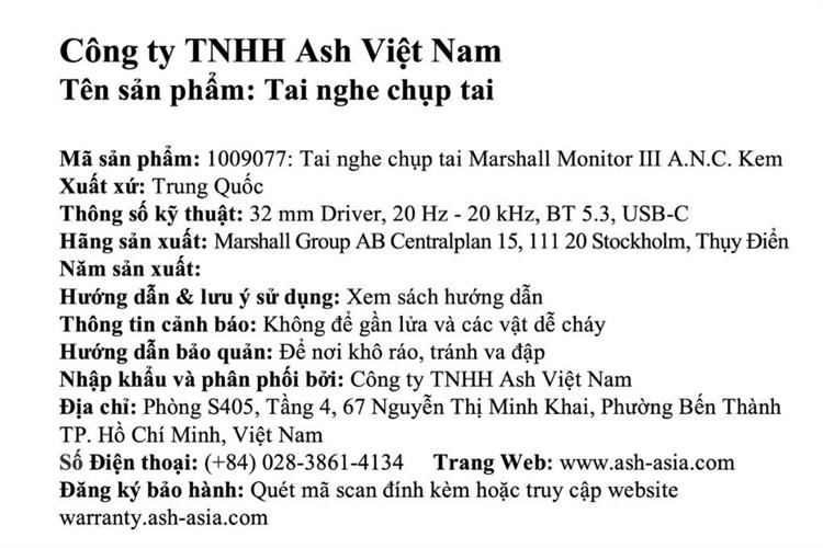 Tai nghe Chụp Tai Marshall Monitor III A.N.C. Màu Kem