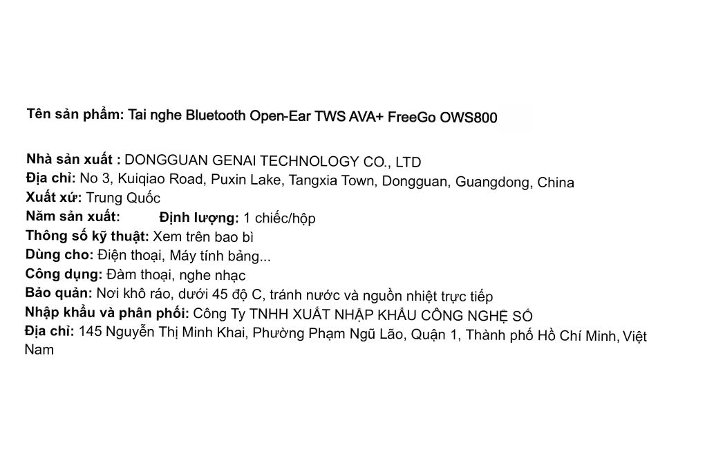 Tai nghe Open-Ear TWS AVA+ FreeGo OWS800 Màu Đen