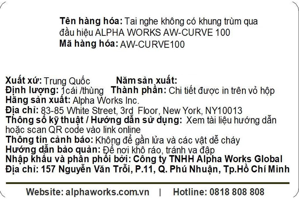 Tai nghe Bluetooth True Wireless Alpha Works AW Curve 100 Màu Đen