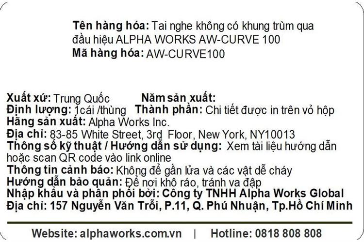 Tai nghe Bluetooth True Wireless Alpha Works AW Curve 100 Màu Trắng