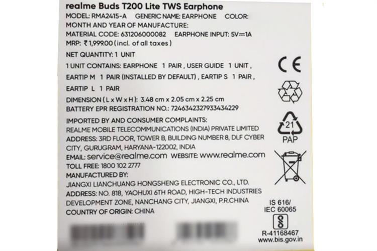 Tai nghe Bluetooth True Wireless realme Buds T200 Lite Màu Đen