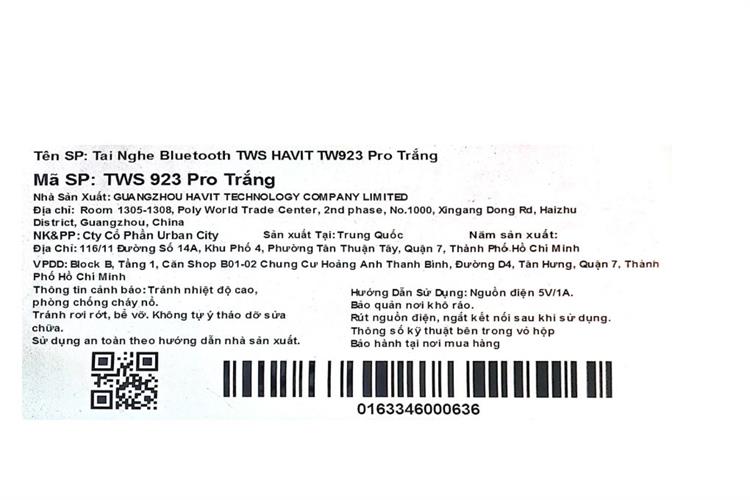 Tai nghe Bluetooth True Wireless Havit TW923 Pro Màu Trắng