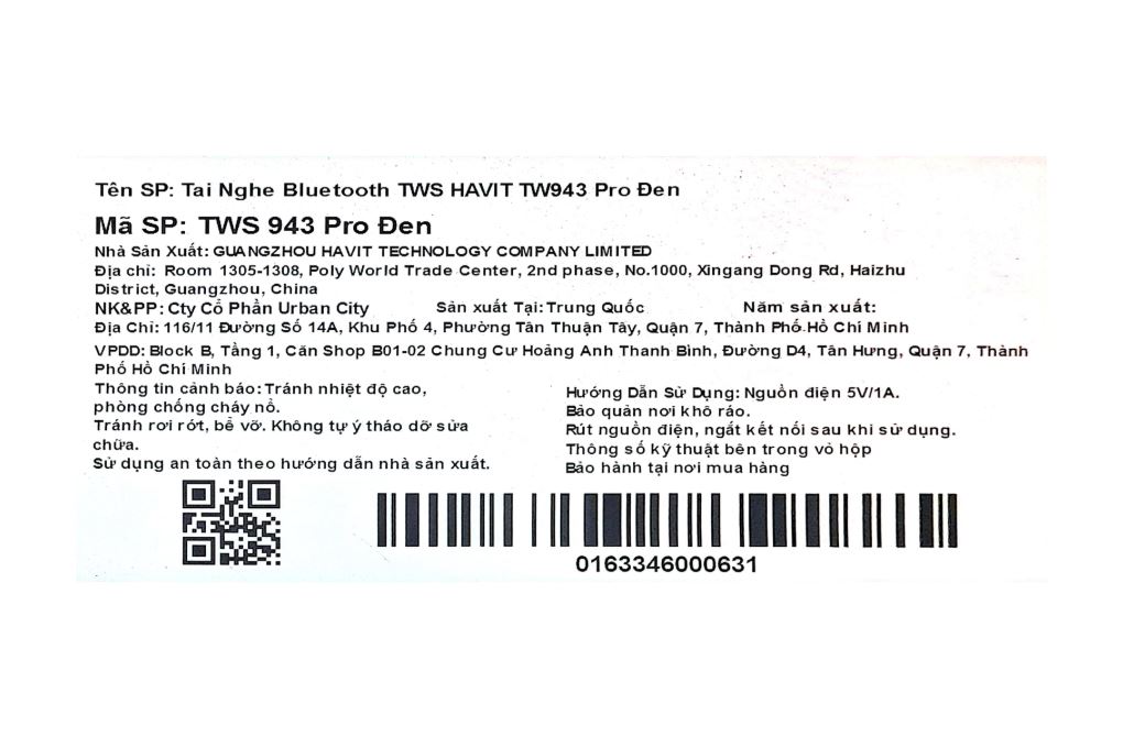 Tai nghe Bluetooth True Wireless Havit TW943 Pro Màu Đen