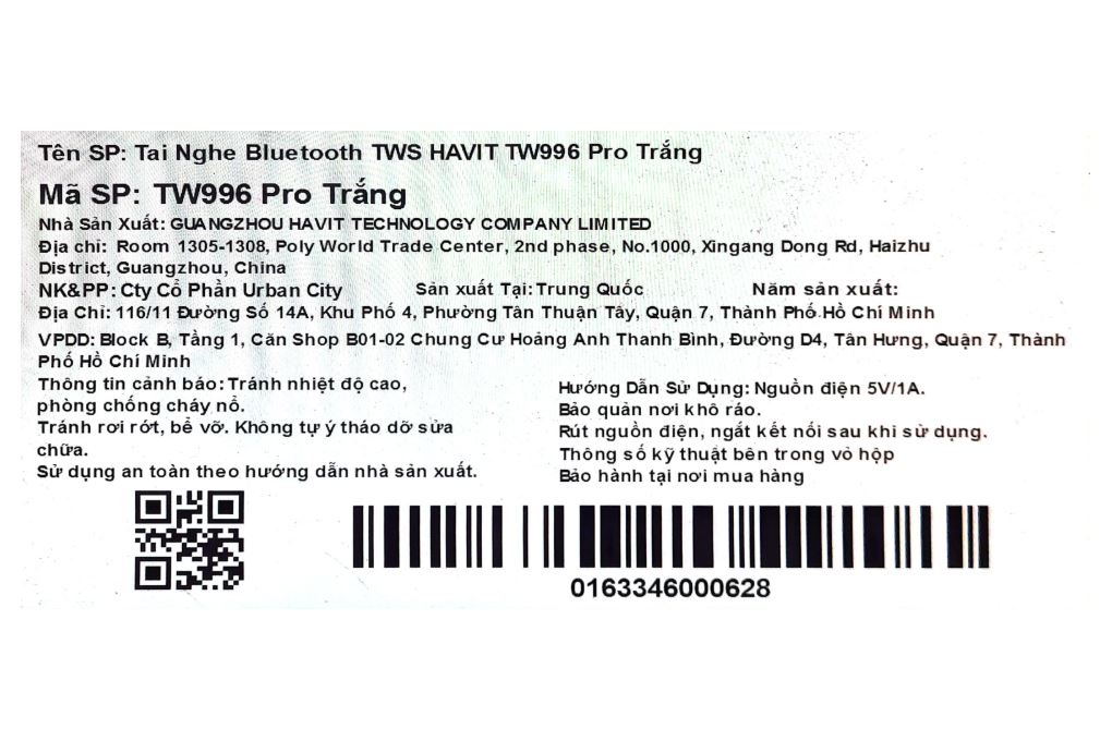 Tai nghe Bluetooth True Wireless Havit TW996 Pro Màu Trắng