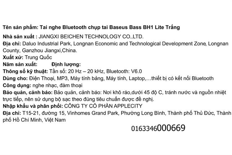 Tai nghe Bluetooth chụp tai Baseus Bass BH1 Lite Màu Trắng