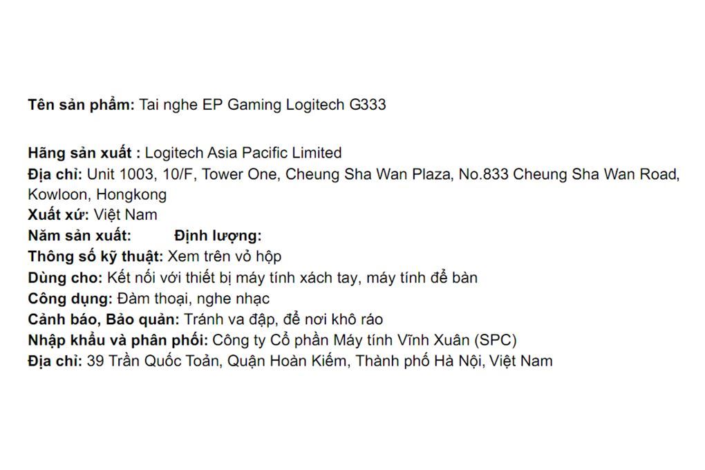 Tai nghe Có dây Gaming Logitech G333 (imei) Màu Đen