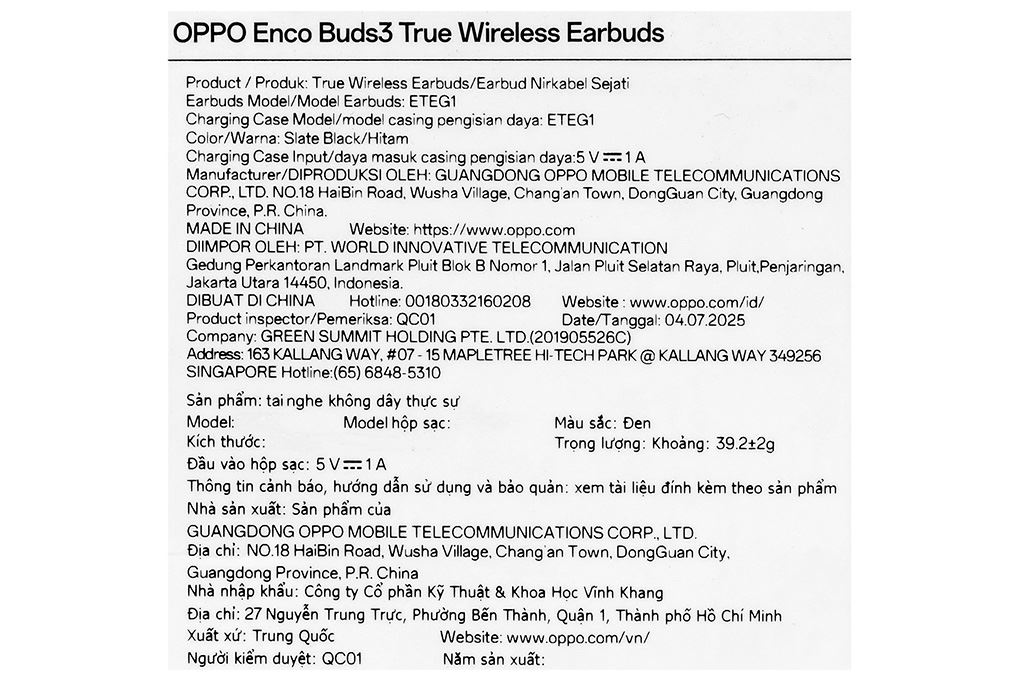 Tai nghe Bluetooth True Wireless OPPO ENCO Buds 3 ETEG1 Màu Đen