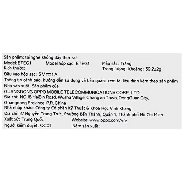 Tai nghe Bluetooth True Wireless OPPO ENCO Buds 3 ETEG1 Màu Trắng