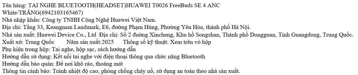 Tai nghe Bluetooth True Wireless Huawei T0026 FreeBuds SE 4 ANC Màu Trắng