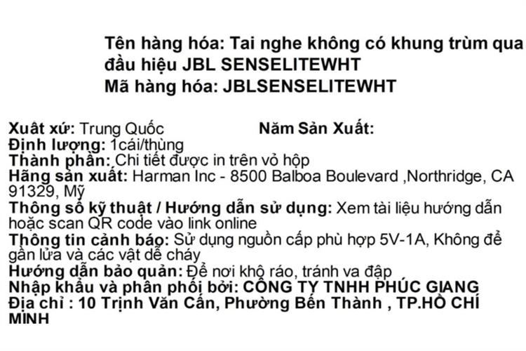 Tai nghe Bluetooth Open-Ear True Wireless JBL Sense Lite Màu Trắng