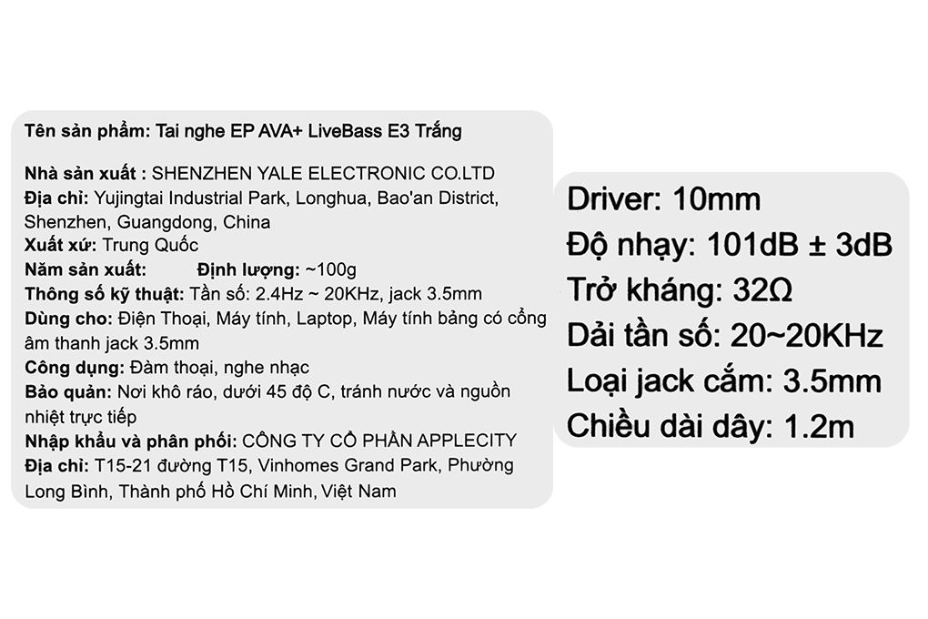 Tai nghe Có dây EP AVA+ LiveBass E3 Màu Trắng