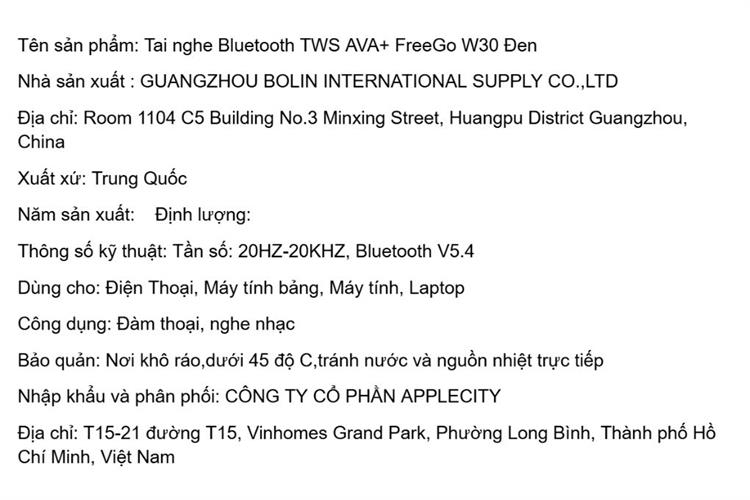 Tai nghe Bluetooth True Wireless AVA+ FreeGo W30 Màu Đen