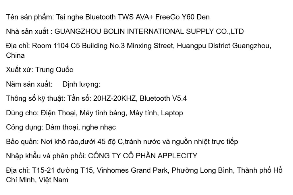 Tai nghe Bluetooth True Wireless AVA+ FreeGo Y60 Màu Đen
