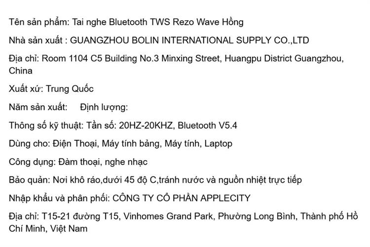 Tai nghe Bluetooth True Wireless Rezo Wave Màu Hồng