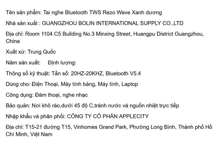 Tai nghe Bluetooth True Wireless Rezo Wave Màu Xanh Dương