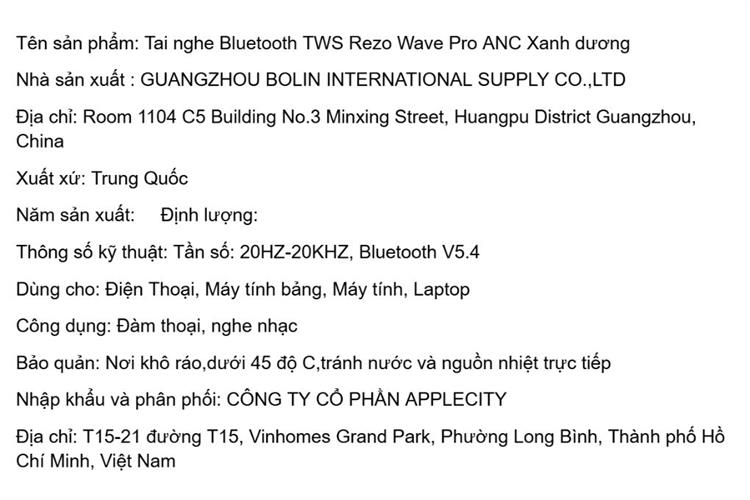 Tai nghe Bluetooth True Wireless Rezo Wave Pro ANC Màu Xanh Dương