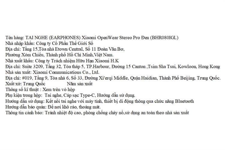 Tai nghe Bluetooth True Wireless Xiaomi OpenWear Stereo Pro Màu Đen