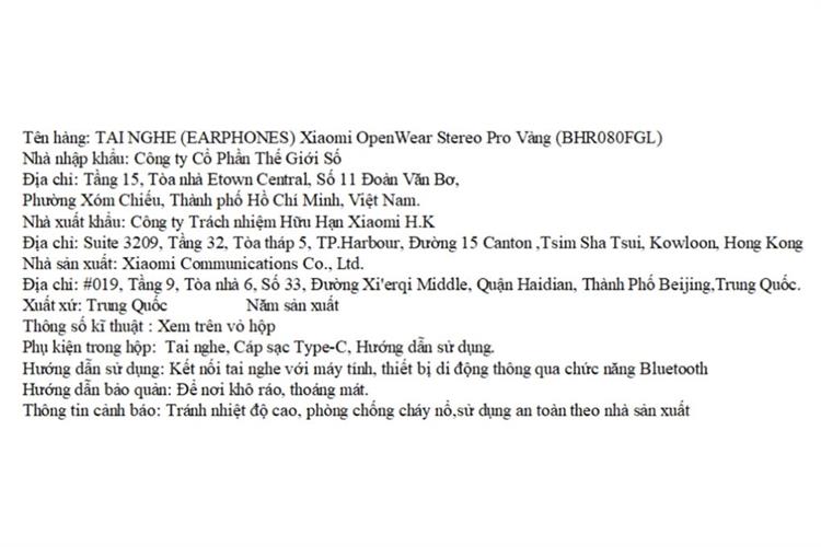 Tai nghe Bluetooth True Wireless Xiaomi OpenWear Stereo Pro Màu Vàng