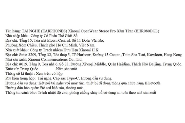 Tai nghe Bluetooth True Wireless Xiaomi OpenWear Stereo Pro Màu Xám