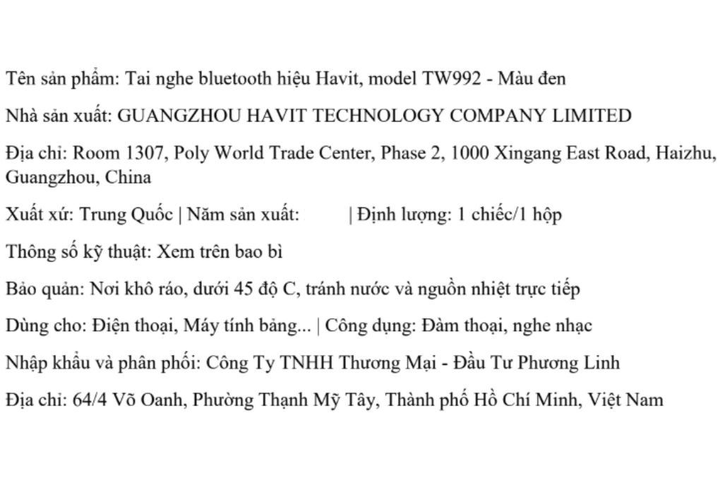 Tai nghe Bluetooth True Wireless Havit TW992 Màu Đen