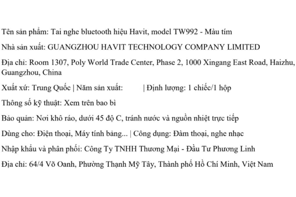 Tai nghe Bluetooth True Wireless Havit TW992 Màu Tím