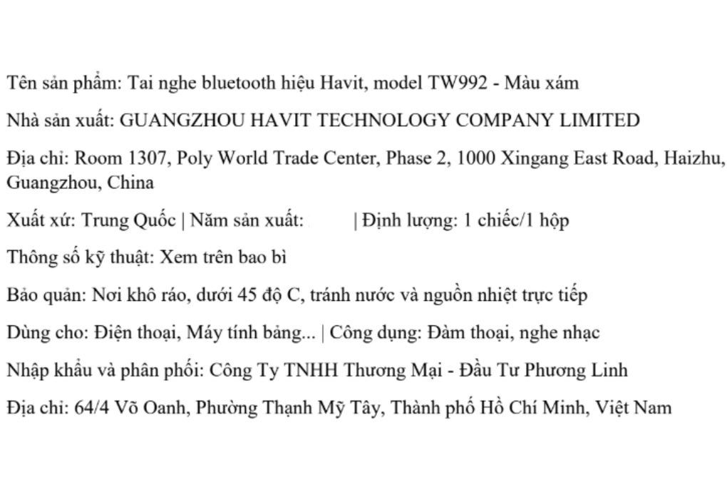 Tai nghe Bluetooth True Wireless Havit TW992 Màu Xám