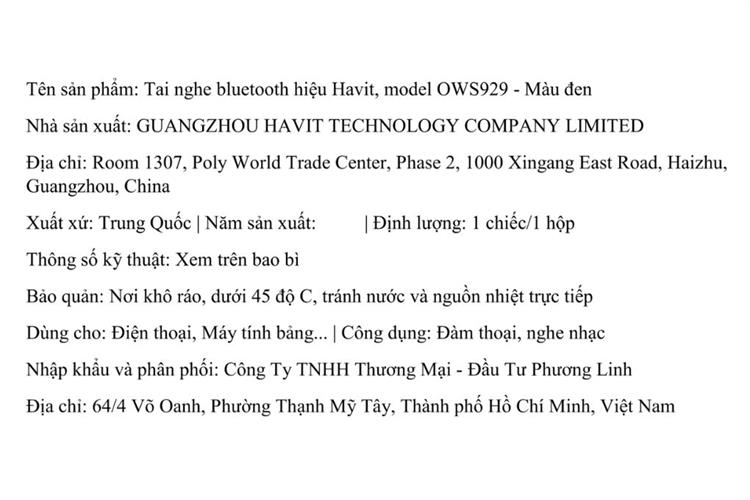 Tai nghe Bluetooth Open-Ear True Wireless Havit OWS929 Màu Đen