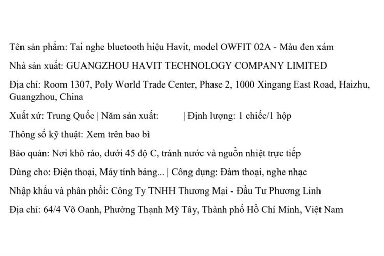 Tai nghe Bluetooth Open-Ear True Wireless Havit OWFIT 02A Màu Đen - Xám