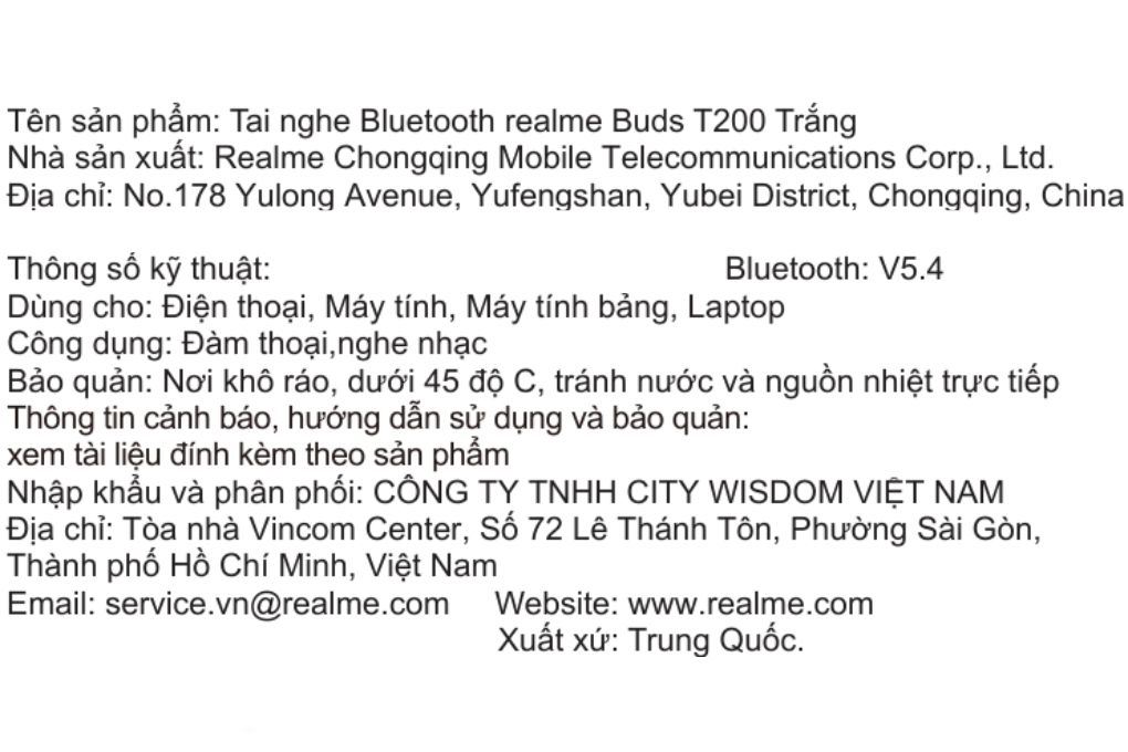 Tai nghe Bluetooth True Wireless Realme Buds T200 Màu Trắng