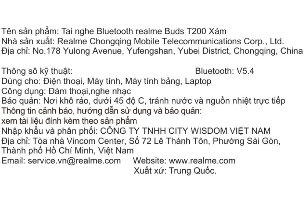 Tai nghe Bluetooth True Wireless Realme Buds T200 Màu Xám