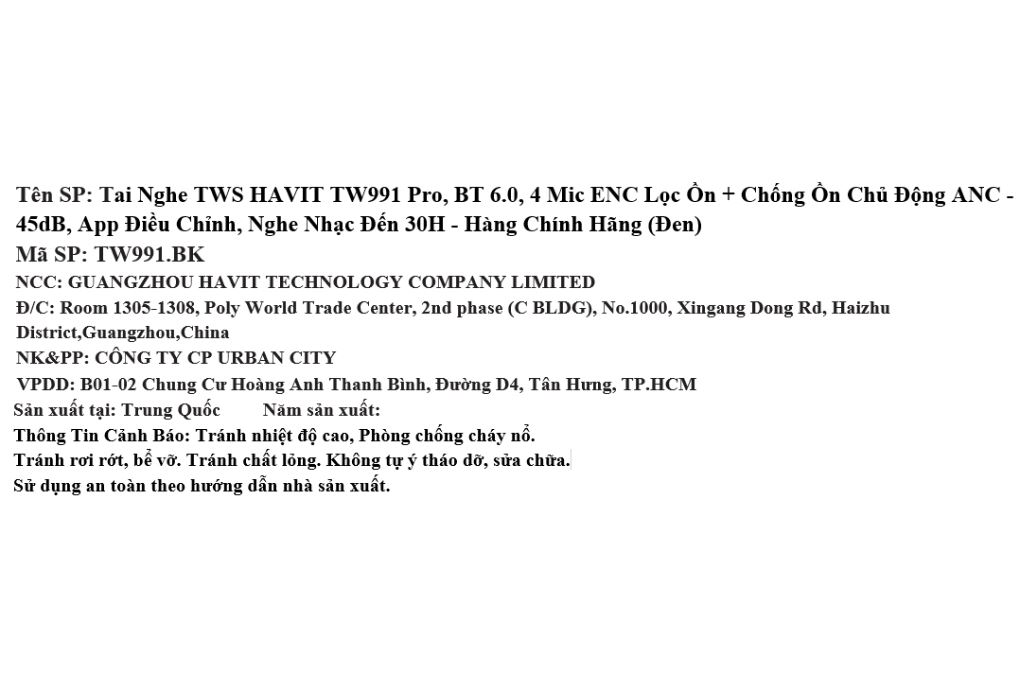 Tai nghe Bluetooth True Wireless Havit TW991 Pro Màu Đen