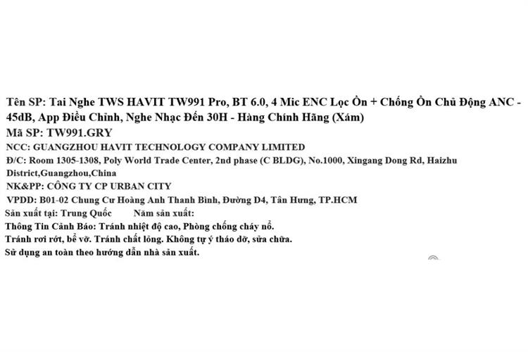 Tai nghe Bluetooth True Wireless Havit TW991 Pro Màu Xám