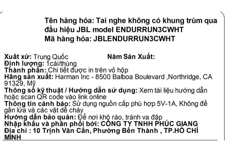 Tai nghe Có dây JBL Endurance Run 3 Màu Trắng