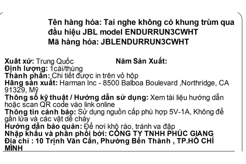 Tai nghe Có dây JBL Endurance Run 3 Màu Trắng