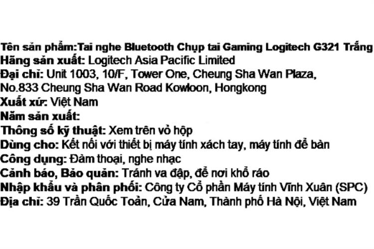 Tai nghe Bluetooth Chụp Tai Gaming Logitech G321 Màu Trắng