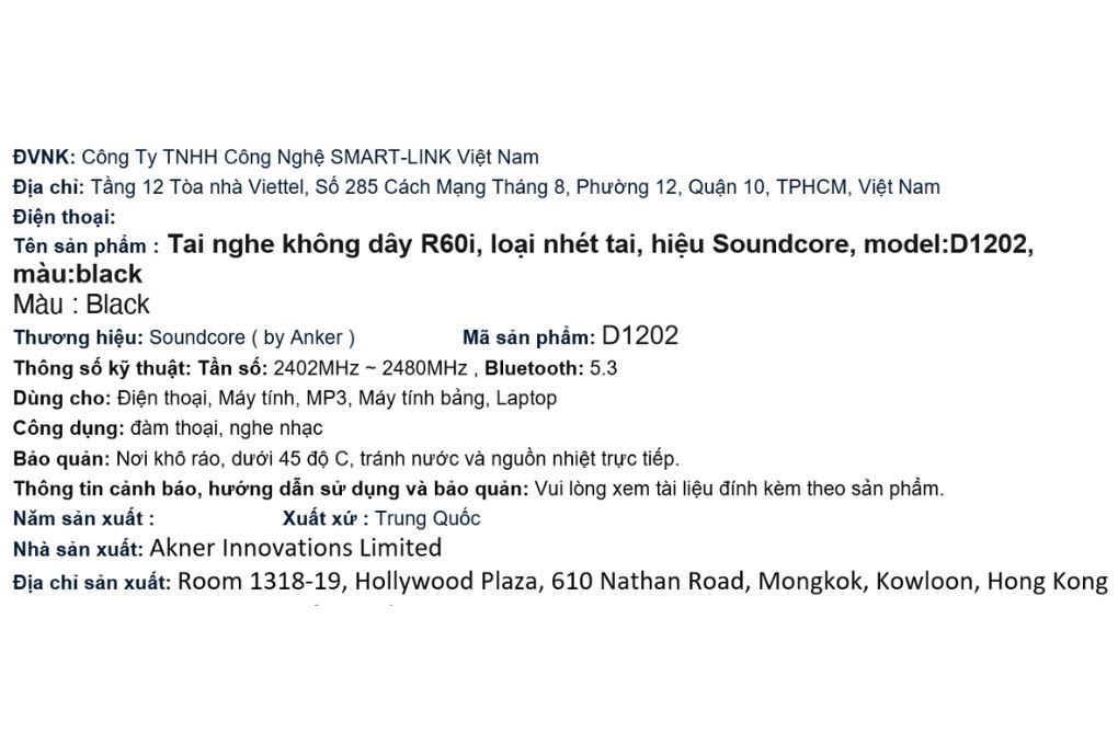 Tai nghe Bluetooth True Wireless Soundcore R60i NC D1202 Màu Đen