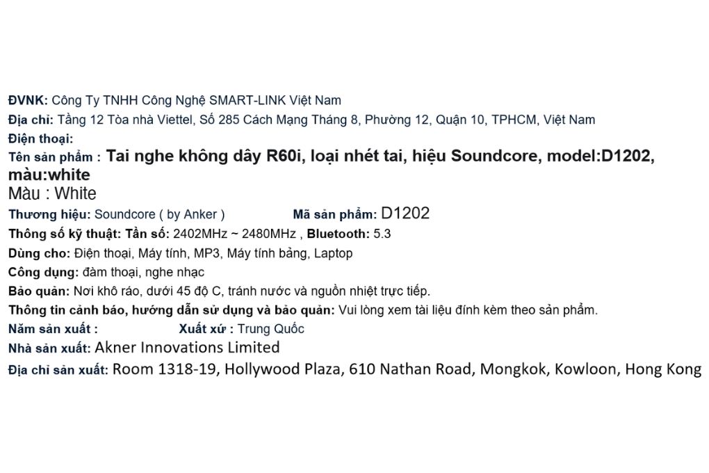 Tai nghe Bluetooth True Wireless Soundcore R60i NC D1202 Màu Trắng